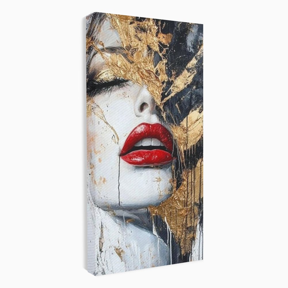 Tablou canvas cu tablou canvas cu chip de femeie si buze rosii, fara rama, pe sasiu de lemn